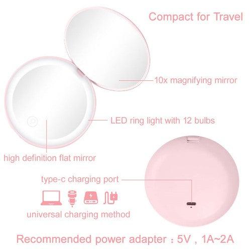 Portable Travel Mirror with LED Light,1x/10x Magnification Compact Mirror, 2-Sided Illuminated Folding Round Mirror - Toytexx Portable Travel Mirror with LED Light,1x/10x Magnification Compact Mirror, 2-Sided Illuminated Folding Round Mirror - Toytexx